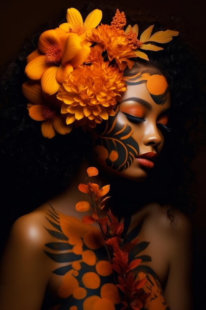 Una donna con fiori d'arancio sul viso