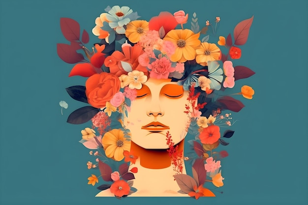 Una donna con fiori in testa è circondata da fiori.
