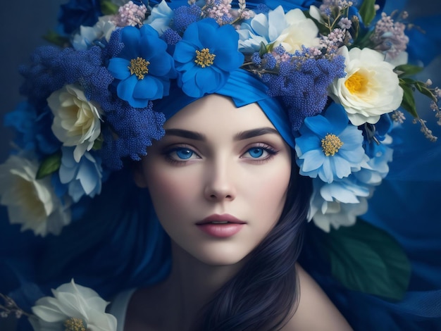 Una donna con fiori in testa e una fascia blu è circondata da fiori ai generati