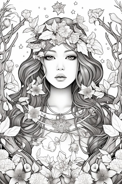 una donna con fiori nei capelli e una ghirlanda di foglie generativa ai
