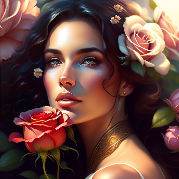 Una donna con fiori sul viso è circondata da rose.