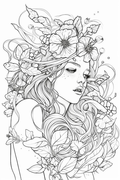 Una donna con fiori tra i capelli e una ghirlanda di foglie generative ai