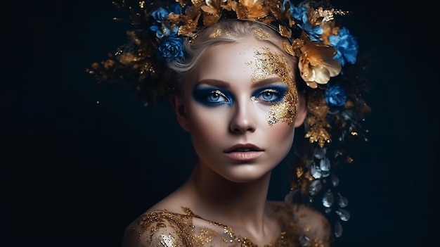 Una donna con foglie d'oro e fiori blu sul viso