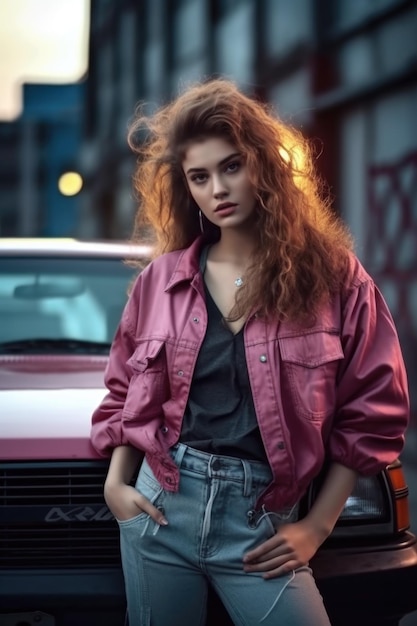 Una donna con giacca rosa e jeans si trova davanti a un'auto.