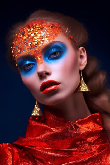 Una donna con gli occhi azzurri e il trucco rosso e blu