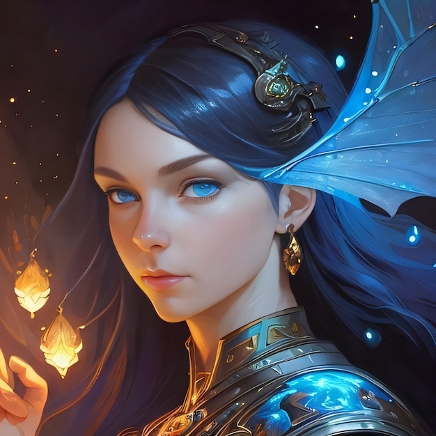 Una donna con gli occhi azzurri e le ali blu tiene una candela.