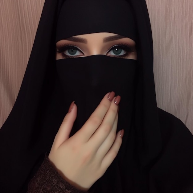 Una donna con gli occhi azzurri e un hijab nero