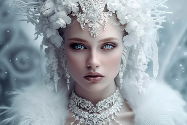Una donna con gli occhi azzurri e un vestito bianco con dei fiori in testa
