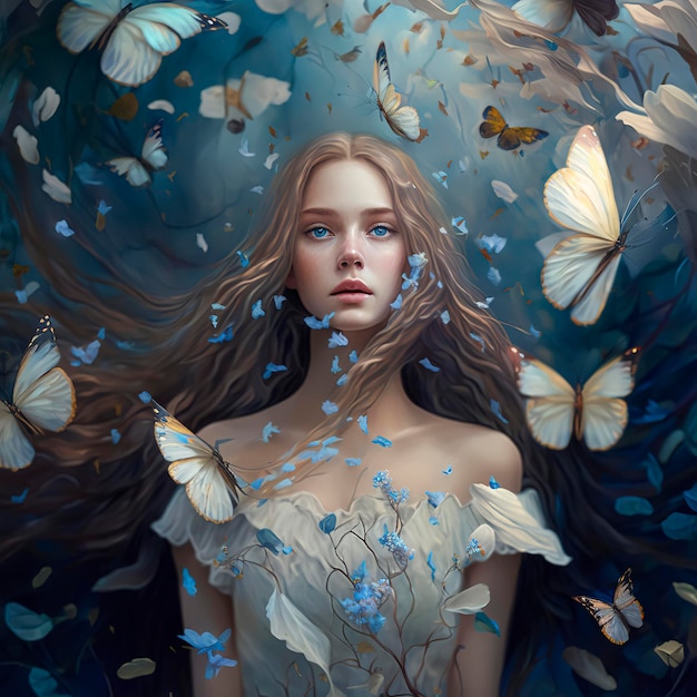 Una donna con gli occhi azzurri e un vestito bianco con le farfalle sul petto