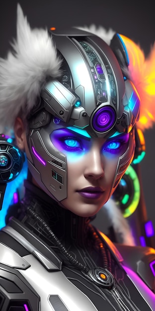 Una donna con gli occhi azzurri e una maschera con sopra la scritta cyberpunk