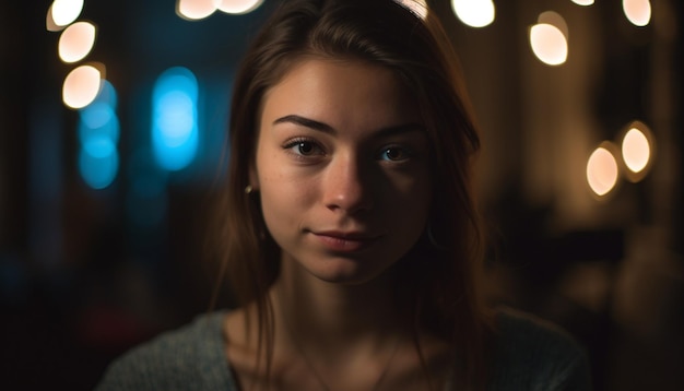 Una donna con gli occhi azzurri si trova di fronte a uno sfondo sfocato con luci sullo sfondo.