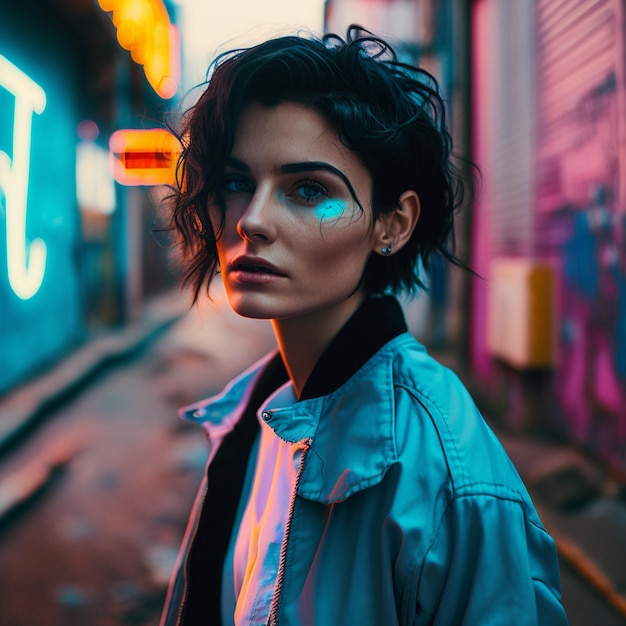 Una donna con gli occhi azzurri si trova in una strada con l'insegna al neon Cyberpunk