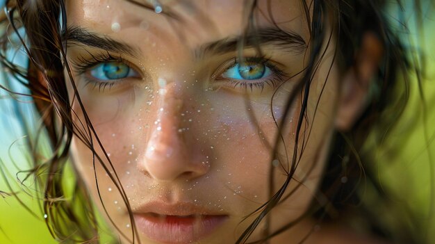 una donna con gli occhi blu e la parola sul suo viso