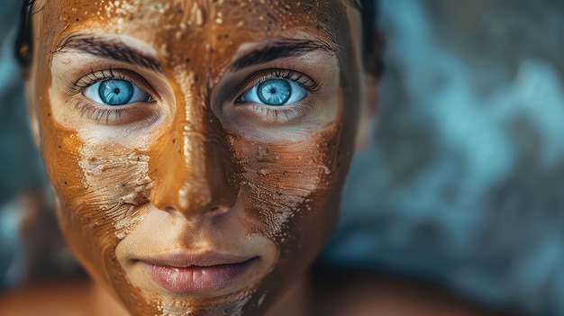 una donna con gli occhi blu e una maschera d'oro