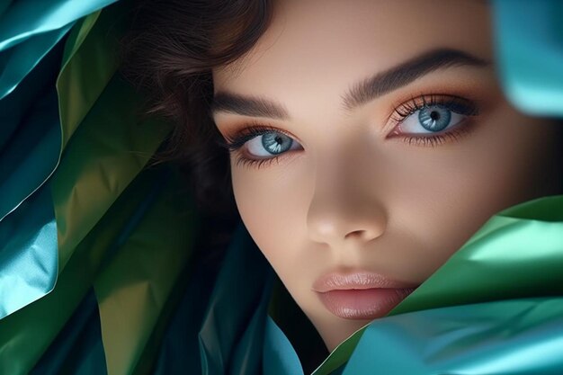 una donna con gli occhi blu e una sciarpa verde