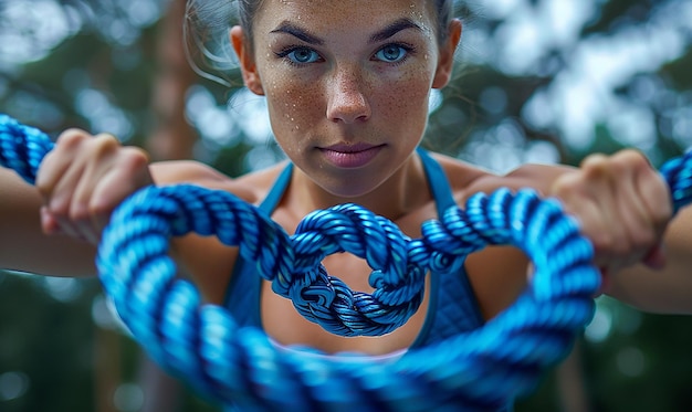 una donna con gli occhi blu sta tenendo una corda con una corda blu