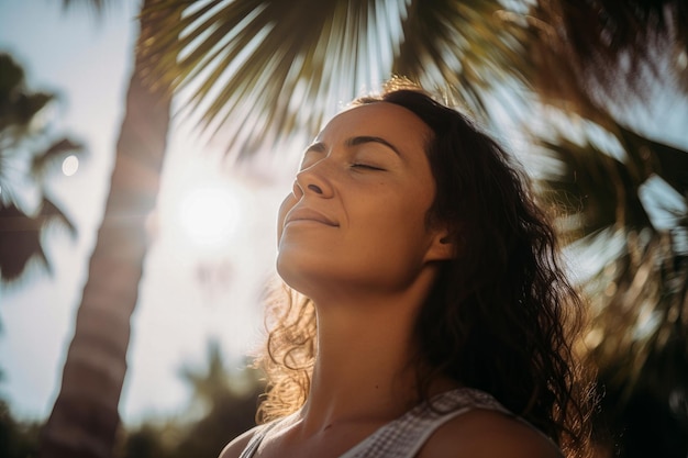 Una donna con gli occhi chiusi e gli occhi chiusi respira il sole