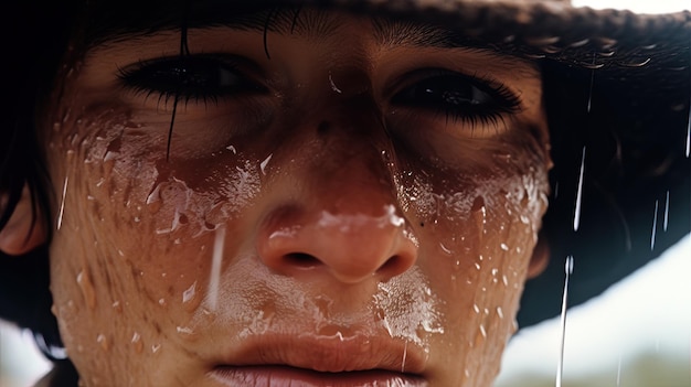 una donna con gli occhi chiusi e un cappello con gocce d'acqua sopra.