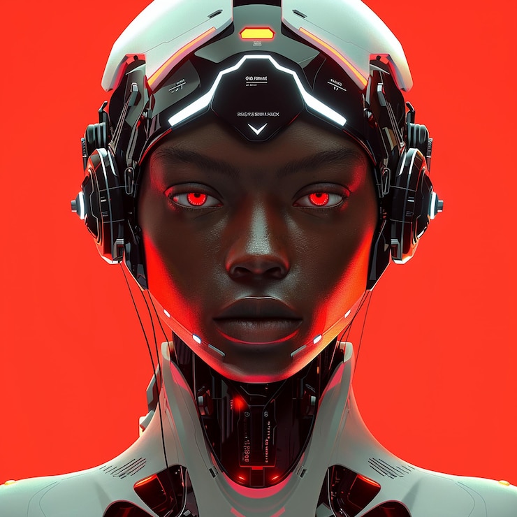 Foto una donna con gli occhi rossi e una fascia d'argento che dice " robot "