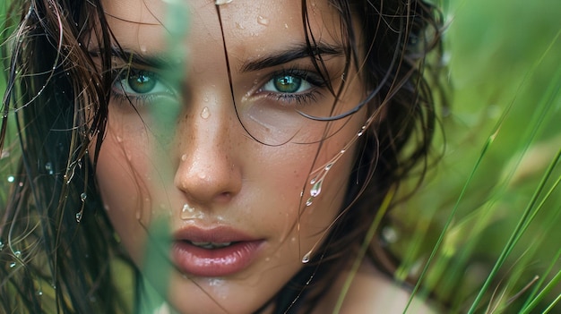 una donna con gli occhi verdi e i capelli bagnati