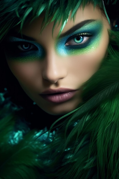 Una donna con gli occhi verdi e le piume verdi.