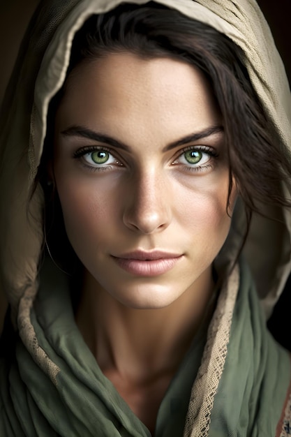 Una donna con gli occhi verdi e un cappuccio verde