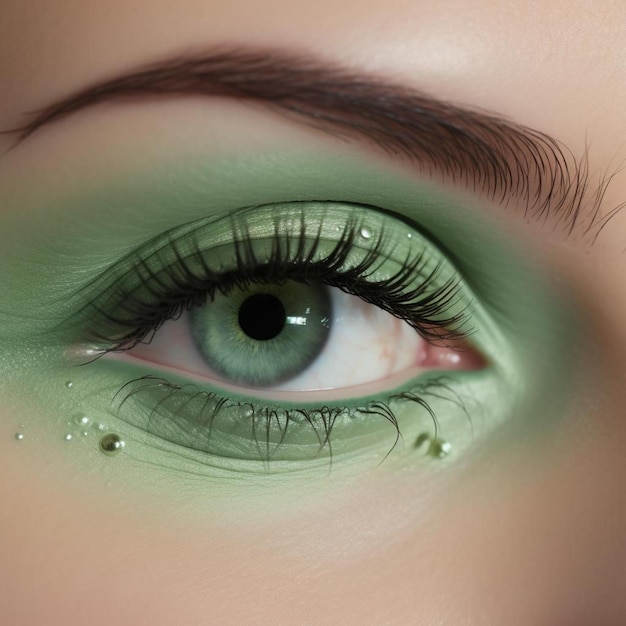 una donna con gli occhi verdi e un occhio verde con il trucco verde sugli occhi.