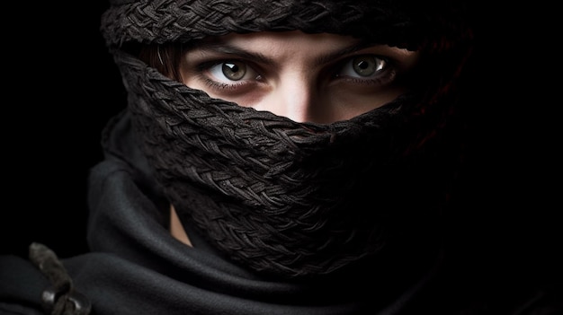 Una donna con gli occhi verdi e una sciarpa nera che le copriva il viso.