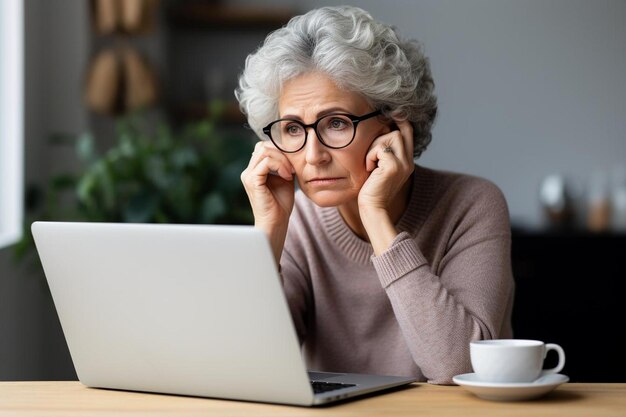 una donna con gli occhiali che guarda un portatile con una tazza di caffè sullo sfondo