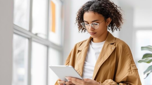 una donna con gli occhiali che usa un tablet in un ufficio generativo ai