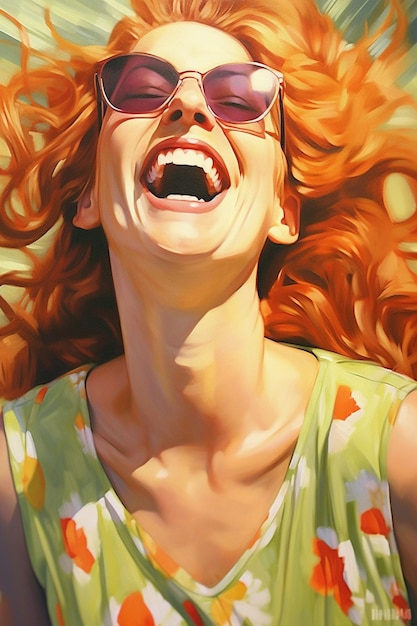 una donna con gli occhiali da sole e una maglietta verde e bianca sta ridendo.
