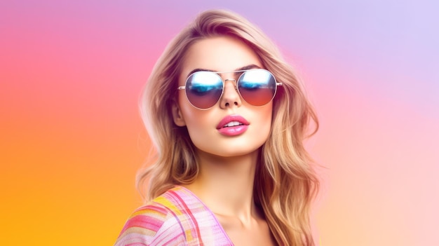 Una donna con gli occhiali da sole e uno sfondo rosa.