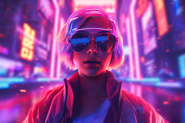 Una donna con gli occhiali da sole in testa si trova davanti a una luce al neon