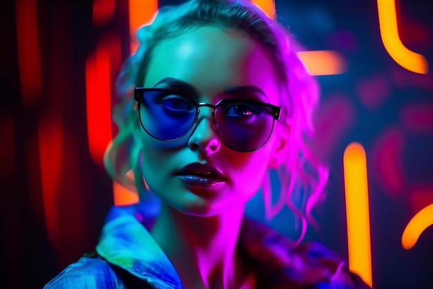 Una donna con gli occhiali davanti a un'insegna al neon che dice "accendi"