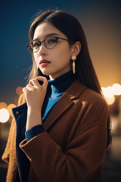 una donna con gli occhiali e una camicia blu è in posa con una carta davanti al viso.