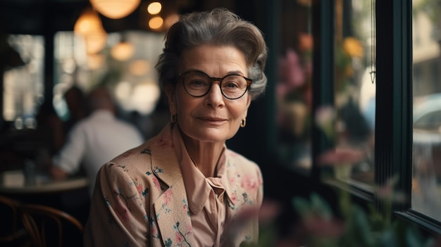 Una donna con gli occhiali e una giacca floreale si trova in un caffè.