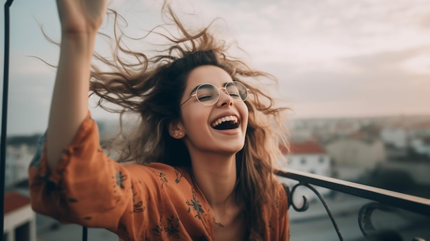 Una donna con gli occhiali ride e ride su un balcone.