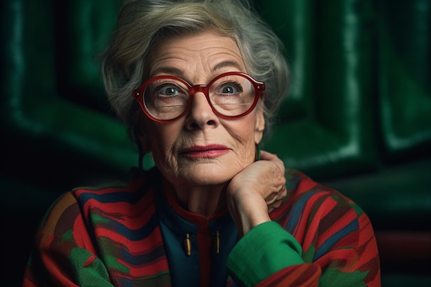 Una donna con gli occhiali rossi e verdi