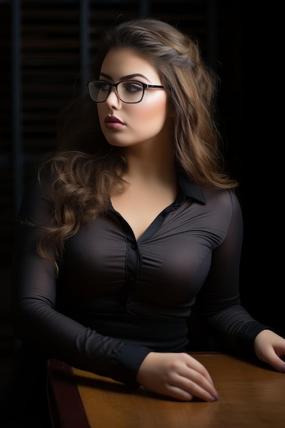 una donna con gli occhiali seduta a un tavolo