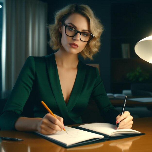 Una donna con gli occhiali si siede a una scrivania con una penna in mano e una penna nella mano.
