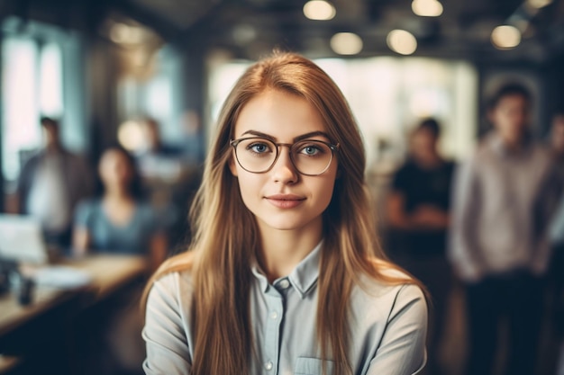 Una donna con gli occhiali si trova in un ufficio affollato con persone sullo sfondo.