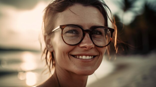 Una donna con gli occhiali sorride alla telecamera.