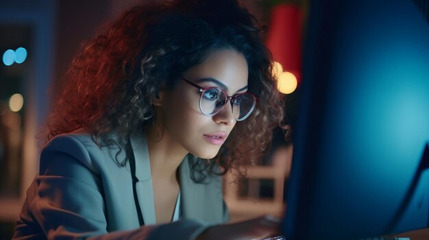 una donna con gli occhiali sta guardando lo schermo del computer una donna che lavora online sul desktop
