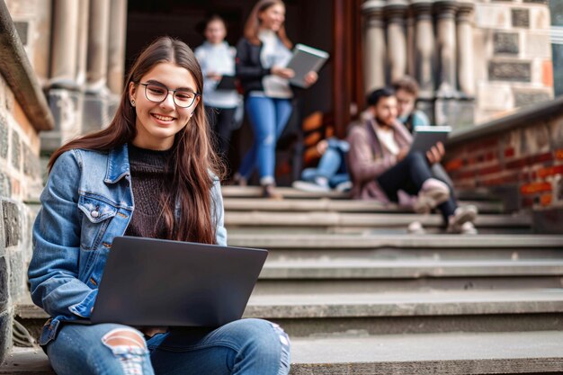 una donna con gli occhiali sul suo laptop seduta sulle scale con altre persone sullo sfondo