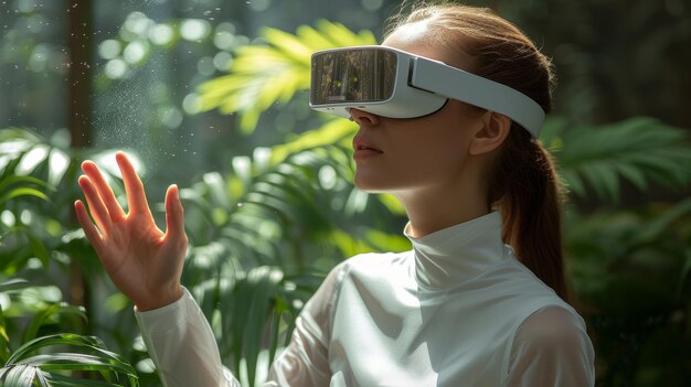 Una donna con gli occhiali VR tocca l'aria