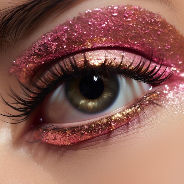 una donna con glitter e un trucco dall'aspetto scintillante.