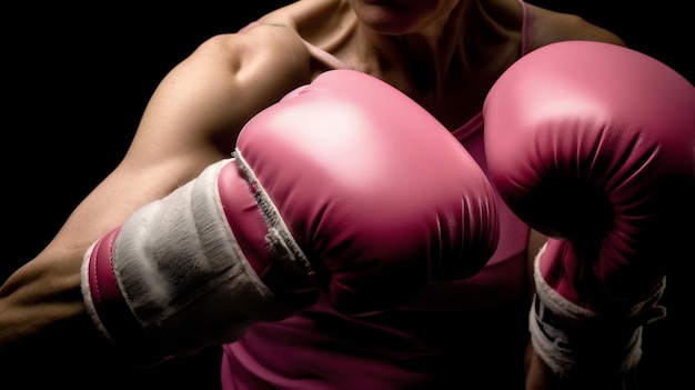 Una donna con guanti da boxe rosa che colpisce e combatte il cancro al seno