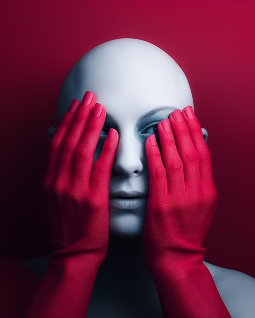 Una donna con guanti rossi che si copre gli occhi con le mani