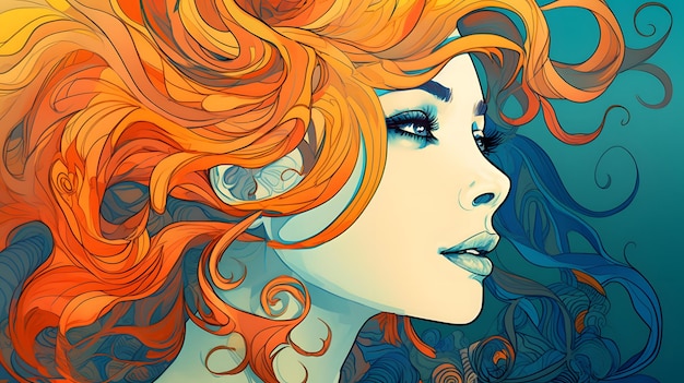 Una donna con i capelli arancioni e i capelli blu e arancioni.