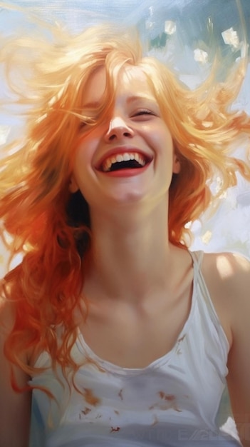 una donna con i capelli arancioni sorride e indossa una canottiera bianca.